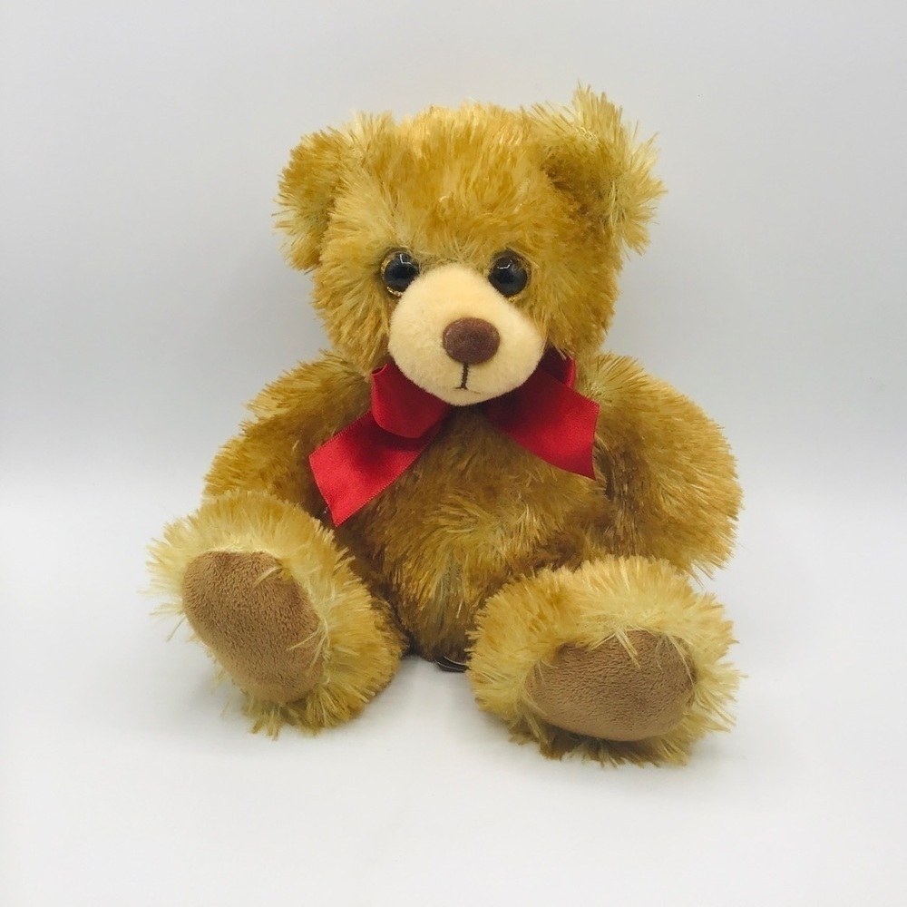 FIRST & Main "Minkies" Teddy Bear 8” Red Bow Tan Blonde Sitting Stuffed Animal